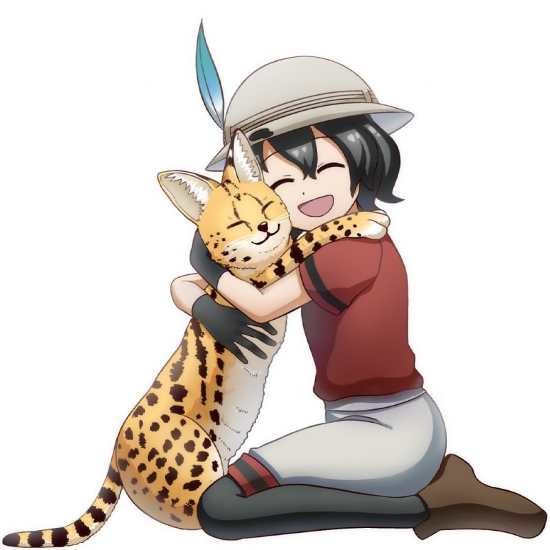 alternate_species black_hair bottomwear clothed clothing duo eyes_closed female feral fur gloves hair handwear hug markings smile spots spotted_body spotted_fur topwear mix_2180 kemono_friends kaban-chan serval-chan felid feline human mammal serval 1:1