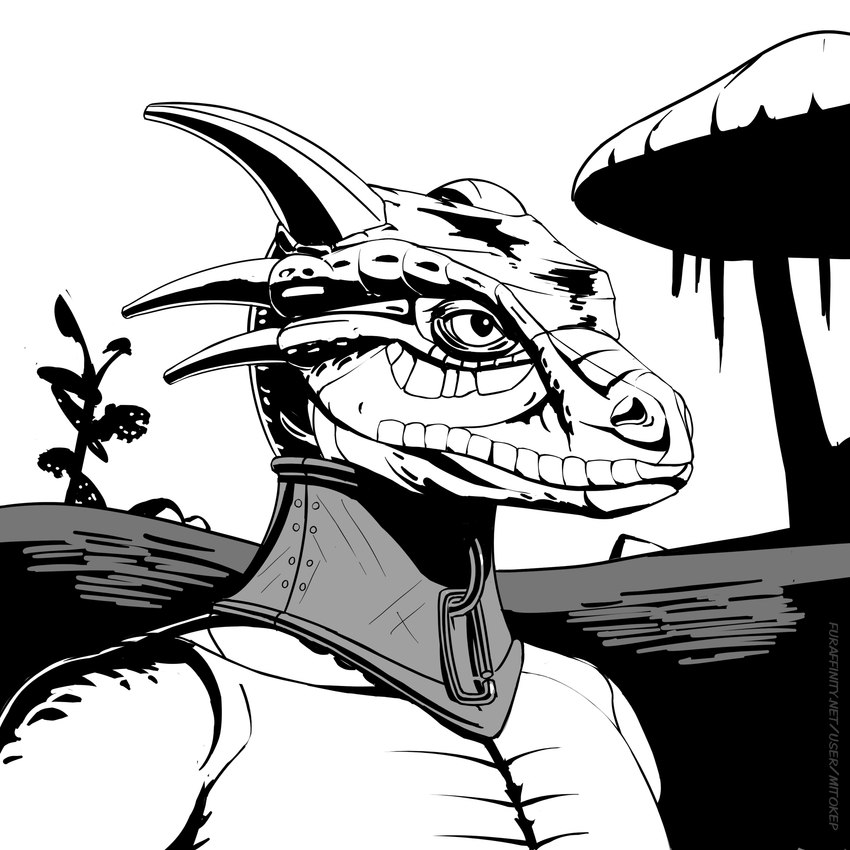 anthro collar fungus horn landscape looking_forward male mushroom outside plant posture_collar slave solo text tree mitokep bethesda_game_studios microsoft morrowind the_elder_scrolls argonian reptile scalie 1:1 2022 bust_portrait greyscale hi_res monochrome portrait url