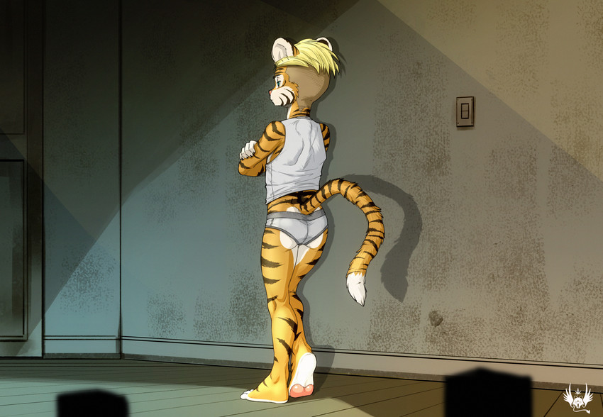 anthro black_body black_fur black_stripes blonde_hair butt clothed clothing countershading dipstick_tail facial_markings fur grey_clothing grey_underwear hair head_markings inside male markings multicolored_body multicolored_fur multicolored_tail pawpads solo striped_arms striped_body striped_face striped_fur striped_markings striped_tail stripes tail tail_markings underwear young young_anthro eldiman dyson_(eldiman) felid mammal pantherine tiger 2021 digital_media_(artwork) hi_res