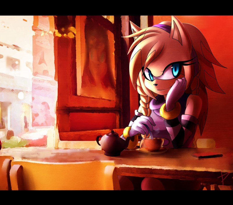 anthro bangs beverage biped black_bars black_nose blue_eyes bracelet cafe coffee female hair jewelry long_hair looking_at_viewer sitting smile solo panrill sega sonic_the_hedgehog_(series) fan_character eulipotyphlan hedgehog mammal absurd_res hi_res letterbox