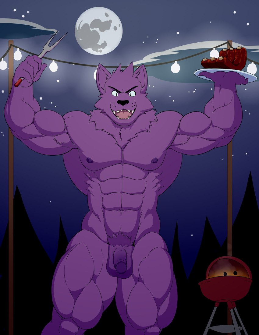 abs anthro balls biceps detailed_background fur genitals grill humanoid_genitalia humanoid_hands humanoid_penis male male_anthro manly muscular muscular_anthro muscular_arms muscular_male nature navel nipples nude outdoor_nudity outside pecs penis pubes purple_body purple_fur quads solo teeth tongue geng genjipan cartoon_network mythology ok_k.o.!_let's_be_heroes bernard_(ok_k.o.!_lbh) canid canine canis mammal mythological_canine mythological_creature werecanid werecanine werecreature werewolf wolf alternate_version_at_source hi_res