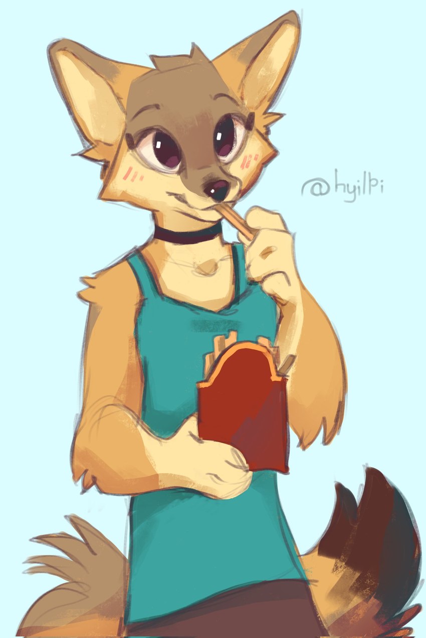 anthro blue_background eating female fingers food fries looking_at_viewer simple_background smile solo hyilpi mcdonald's taylor_(fuel) canid canine fox mammal 2022 digital_media_(artwork) hi_res