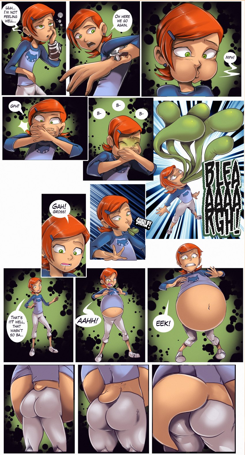 belly belly_expansion butt butt_expansion dialogue expansion female growth multi_tongue omnitrix solo speech_bubble tail tail_growth text tongue tongue_growth transformation transformation_sequence nauyaco ben_10 cartoon_network gwen_10 gwen_tennyson human mammal 2023 absurd_res comic english_text hi_res