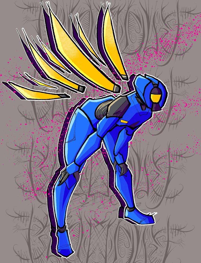 1_eye ambiguous_gender anthro blue_body leaning leaning_forward machine not_furry solo wings yellow_eyes bluddly new_blood_interactive ultrakill v1_(ultrakill) humanoid robot robot_humanoid absurd_res hi_res