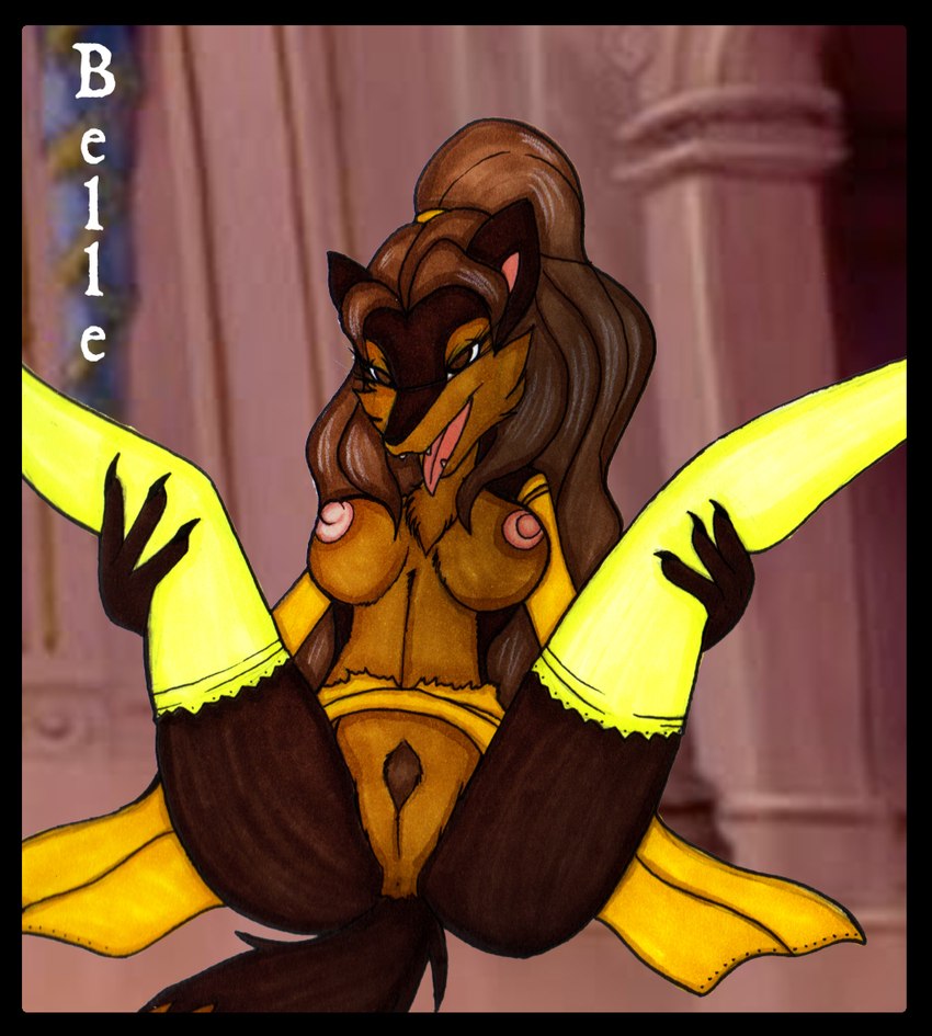 3_fingers accessory after_transformation alternate_species anthro anus armwear aroused aroused_face aroused_smile bedroom_eyes big_breasts black_border black_claws border breasts brown_body brown_eyes brown_fur brown_hair chest_tuft claws clothing detailed_background dress ears_up elbow_gloves enjoying erect_nipples eyelashes female finger_claws fingers forced forced_transformation fur genitals gloves hair hair_accessory hairband hands_on_legs handwear humanoid_hands inside leggings legs_up legwear long_hair lust_transformation moan mostly_nude narrowed_eyes nipples no_pupils open_mouth ponytail presenting presenting_anus presenting_pussy pubes pussy seductive sitting snout solo species_transformation spread_legs spreading tail teeth text thick_thighs tongue tongue_out torn_clothing transformation transformation_through_magic tuft ivanks beauty_and_the_beast disney belle_(beauty_and_the_beast) canid canine canis domestic_dog fox mammal wolf