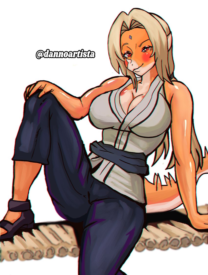 5_fingers anthro asian_clothing big_breasts blonde_hair blush breasts cleavage clothed clothing cosplay crossover_cosplay east_asian_clothing female fingers hair haori horn japanese_clothing long_hair long_tail looking_at_viewer multicolored_body multicolored_scales orange_body orange_scales red_eyes scales simple_background sitting smile solo spiked_tail spikes spikes_(anatomy) tail tan_body tan_scales text two_tone_body two_tone_scales white_background dannoartista cavemanon_studios goodbye_volcano_high naruto snoot_game rosa_(gvh) tsunade aquilops ceratopsian dinosaur ornithischian prehistoric_species reptile scalie 2024 absurd_res artist_name crossover digital_drawing_(artwork) digital_media_(artwork) hi_res watermark