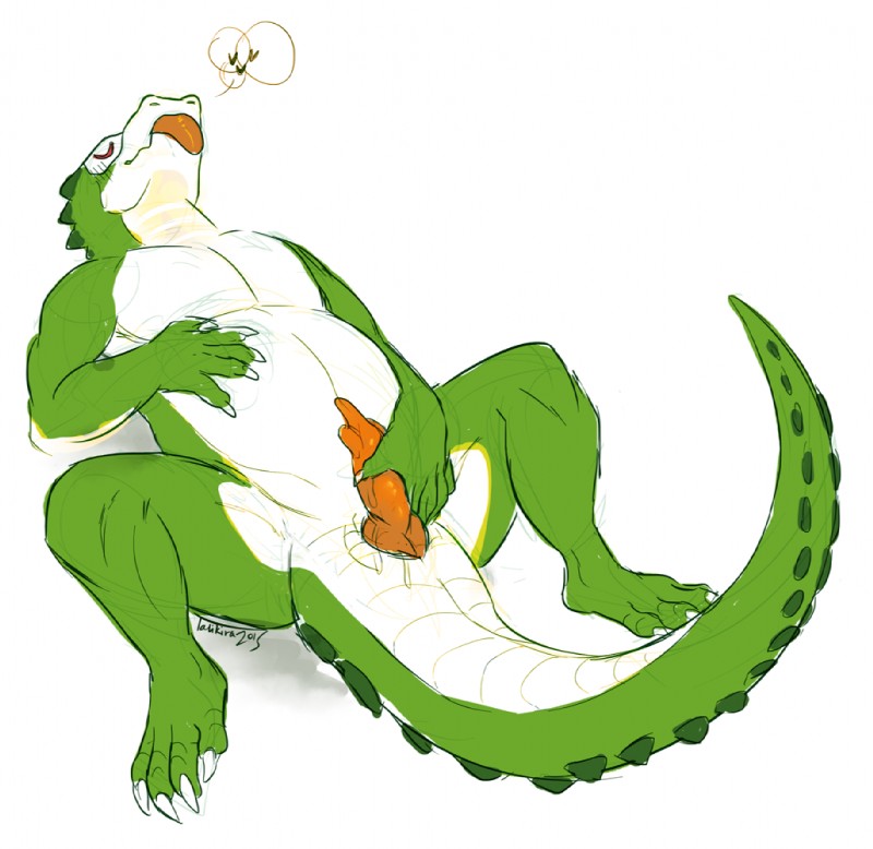 anatomically_correct anatomically_correct_cloaca anatomically_correct_genitalia anatomically_correct_penis animal_genitalia animal_penis anthro belly big_belly biped claws cloaca cloacal_penis crocodilian_penis erection eyes_closed genitals heart_symbol lying male masturbation nude on_back penile penile_masturbation penis solo tail thick_tail tongue tongue_out white_cloaca furikake magra_(rezisa) crocodile crocodilian reptile scalie 2015