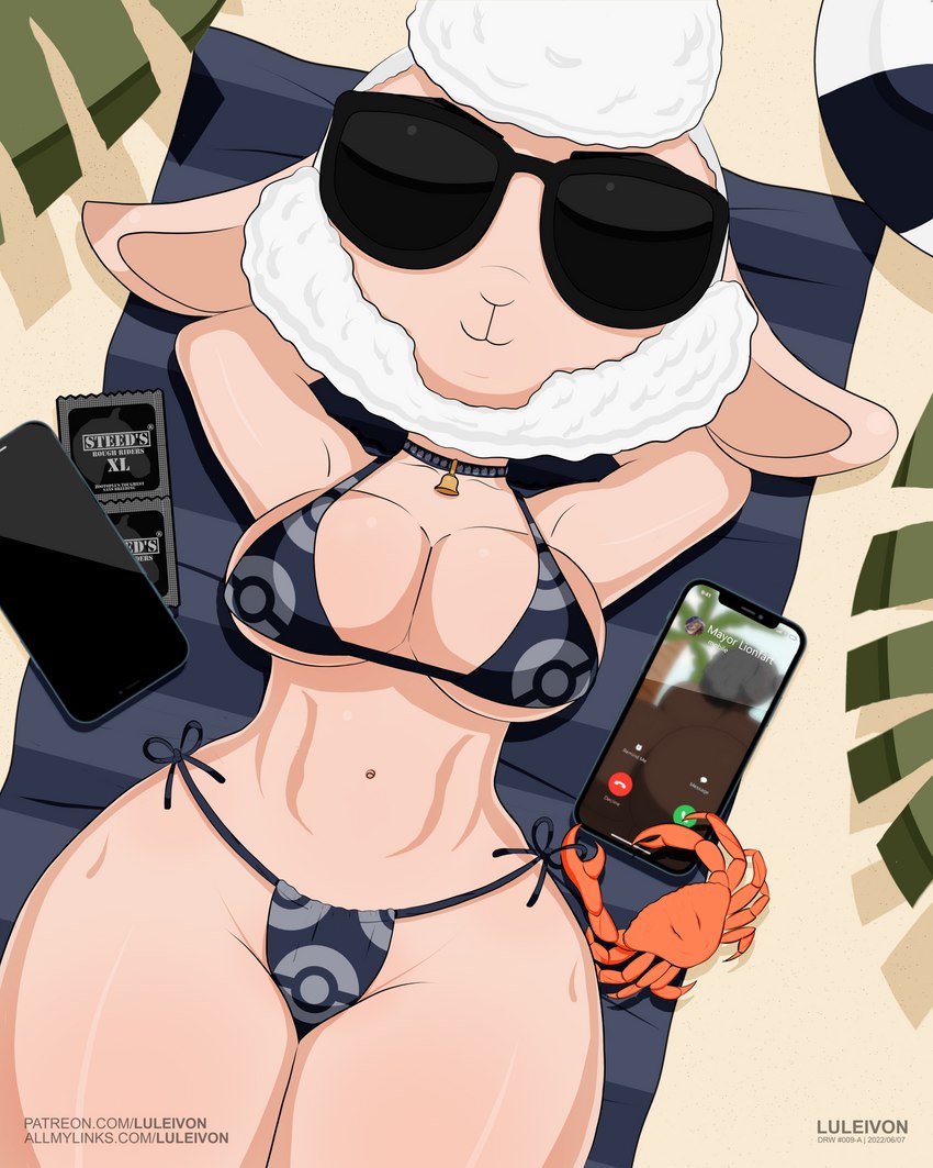 :3 anthro ball beach beach_ball bell bell_collar bikini bikini_bottom bikini_top bird's-eye_view black_bikini black_clothing black_swimwear black_towel breasts cellphone cleavage clothed clothing collar condom duo electronics eyewear female feral fur high-angle_view inflatable lying on_back on_towel palm_tree phone pink_body pink_skin plant sand seaside sexual_barrier_device shaved skimpy smartphone smile solo_focus summer sunglasses swimwear text thick_thighs towel tree two-piece_swimsuit under_boob unused_condom white_body white_fur white_wool wide_hipped_female wide_hips wool_(fur) wrapped_condom luleivon apple_inc. disney iphone zootopia dawn_bellwether arthropod bovid caprine crab crustacean decapod malacostracan mammal marine sheep absurd_res hi_res signature url