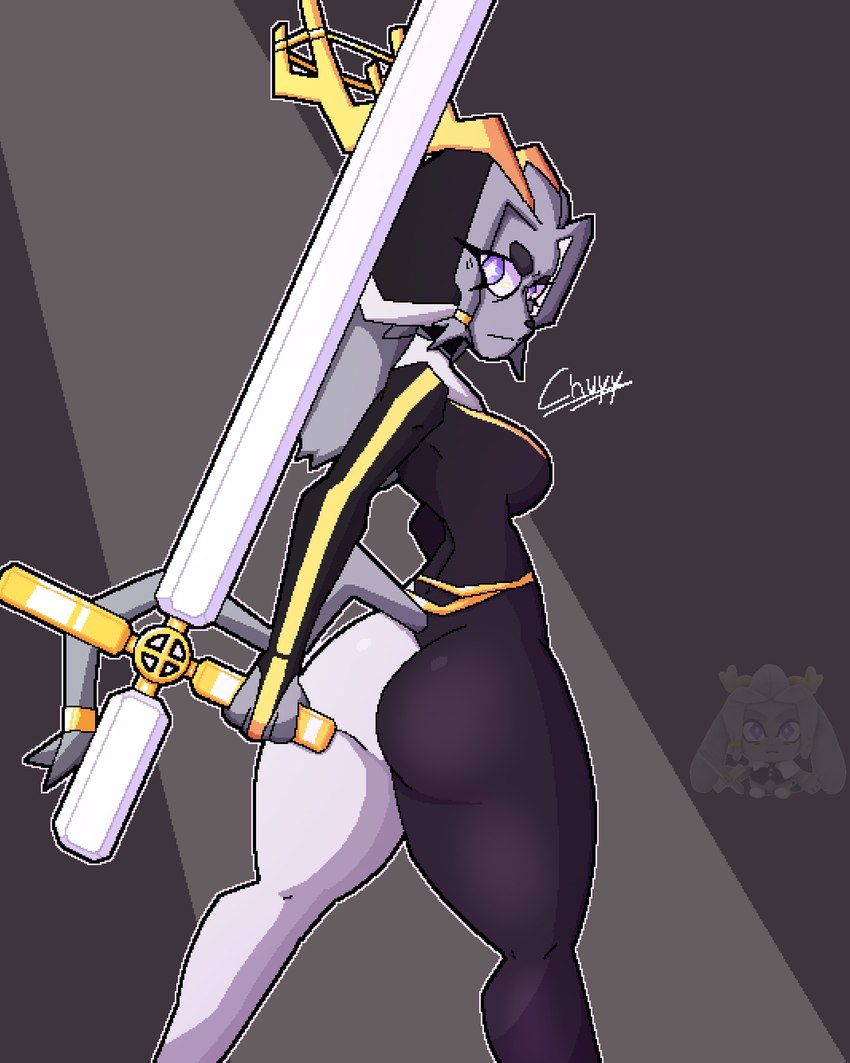 anthro antlers big_breasts big_butt blue_eyes breasts butt clothing dream_breaker_(pseudoregalia) female geometric_background grey_background holding_melee_weapon holding_object holding_sword holding_weapon horn looking_at_viewer looking_back looking_back_at_viewer melee_weapon multicolored_clothing nun plushie simple_background solo sword thick_thighs toned_female weapon wide_hips chuyy pseudoregalia sybil_(pseudoregalia) bovid caprine goat jackalope lagomorph leporid mammal rabbit 2024 4:5 digital_drawing_(artwork) digital_media_(artwork) hi_res pixel_(artwork) signature watermark