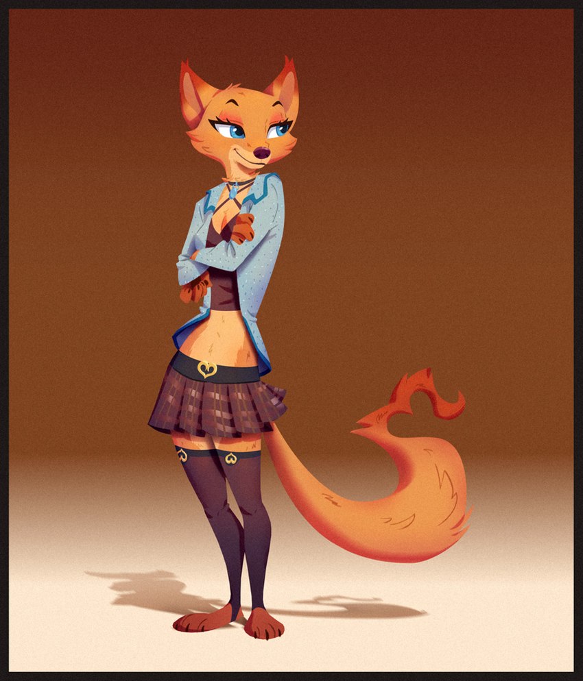 3_toes absolute_territory anthro barefoot blue_eyes bottomwear breasts claws cleavage clothed clothing crossed_arms feet female gesture heart_symbol jewelry leggings legwear midriff necklace skirt smile solo tail tail_gesture tail_heart toe_claws toes ruffu disney zootopia fan_character megan_fawkes canid canine fox mammal red_fox true_fox