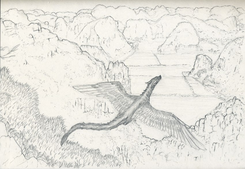 countryside detailed_background feathered_wings feathers feral flying fur hill male mountain scenery scenic_view solo tail wings herpydragon mythology sugas dragon furred_dragon furred_scalie mythological_creature mythological_scalie scalie 2019 traditional_media_(artwork)