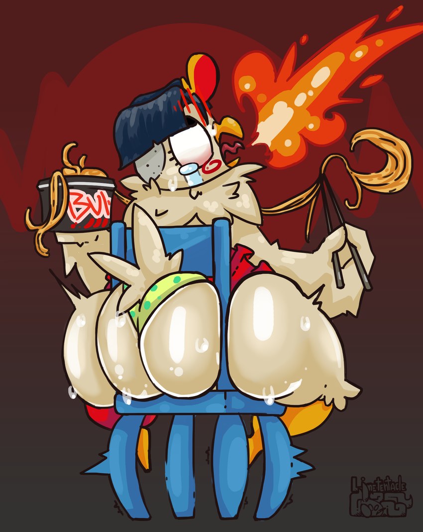 ambiguous_gender anthro big_butt bodily_fluids bottom_heavy bottomwear butt chair chopsticks clothed clothing eating feathers female fire food furniture holding_food holding_object huge_butt huge_hips hyper hyper_butt neck_tuft noodles overweight overweight_anthro overweight_female panties raised_bottomwear raised_clothing raised_skirt simple_background skirt solo squish sweat sweatdrop sweaty_butt sweaty_legs sweaty_thighs tears thick_thighs tuft underwear white_body white_feathers wide_hips limetentacle buldak hochi_(samyang) avian bird chicken galliform gallus_(genus) phasianid 2025 hi_res