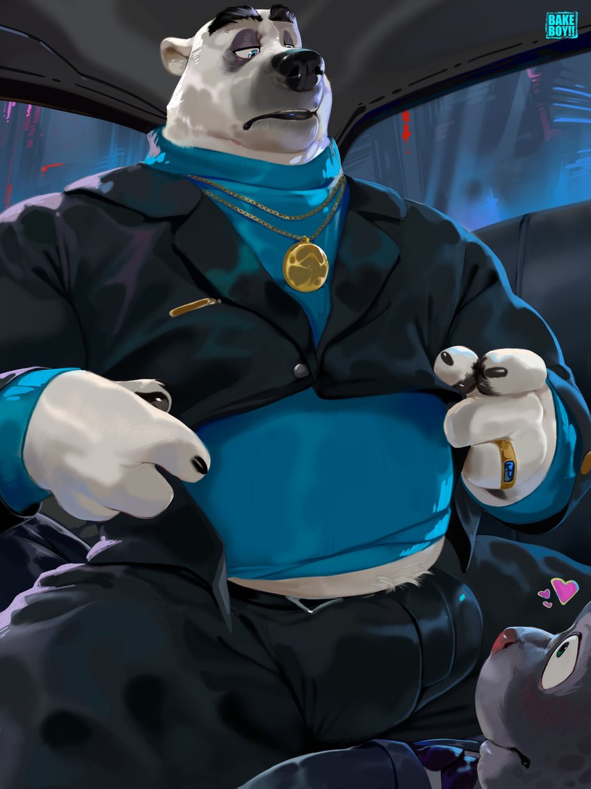 anthro belly big_bulge black_lips black_nose bottomwear bulge clothing digit_ring duo finger_ring front_view fur heart_symbol jewelry lips male mature_male musclegut muscular necklace pants shirt sweater topwear turtleneck unbuttoned_shirt unbuttoning undressing white_body white_fur bakemonoy disney zootopia koslov_(zootopia) renato_manchas bear felid mammal pantherine polar_bear ursine absurd_res hi_res