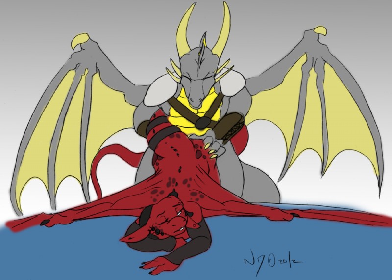 anthro armor bdsm duo female horn male male/female membrane_(anatomy) membranous_wings nude red_body sex tail unconvincing_armor wings necrodrone european_mythology mythology necrodrone_(character) dragon mythological_creature mythological_scalie scalie western_dragon 2012 signature