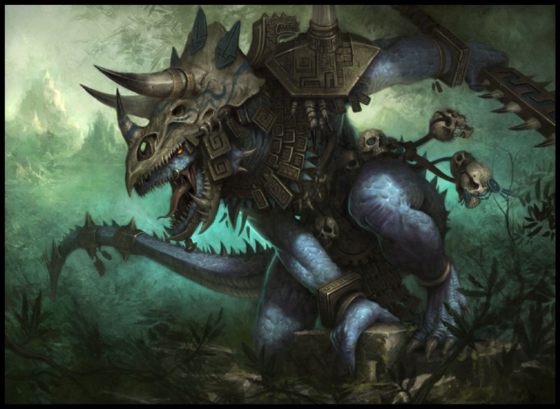 anthro armor aztec black_border bone border claws clothing male open_mouth skull solo tail tongue weapon daarken warhammer_(franchise) warhammer_fantasy lizard lizardman lizardman_(warhammer) reptile saurus scalie