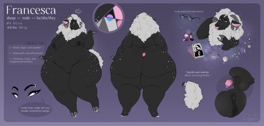 anthro female femboy looking_at_viewer male overweight overweight_anthro plus-sized_femboy stated_gender stated_height stated_sexuality stated_weight text remivalism francesca_(skarlett_cynder) bovid caprine mammal sheep absurd_res english_text hi_res