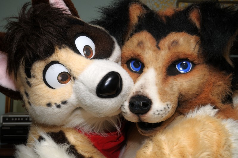 ambiguous_gender anthro blue_eyes brown_eyes clothing costume duo fursuit kerchief looking_at_viewer pose real spots char_(photographer) frisbee_(character) kellogg border_collie canid canine canis collie domestic_dog herding_dog mammal pastoral_dog sheepdog absurd_res hi_res