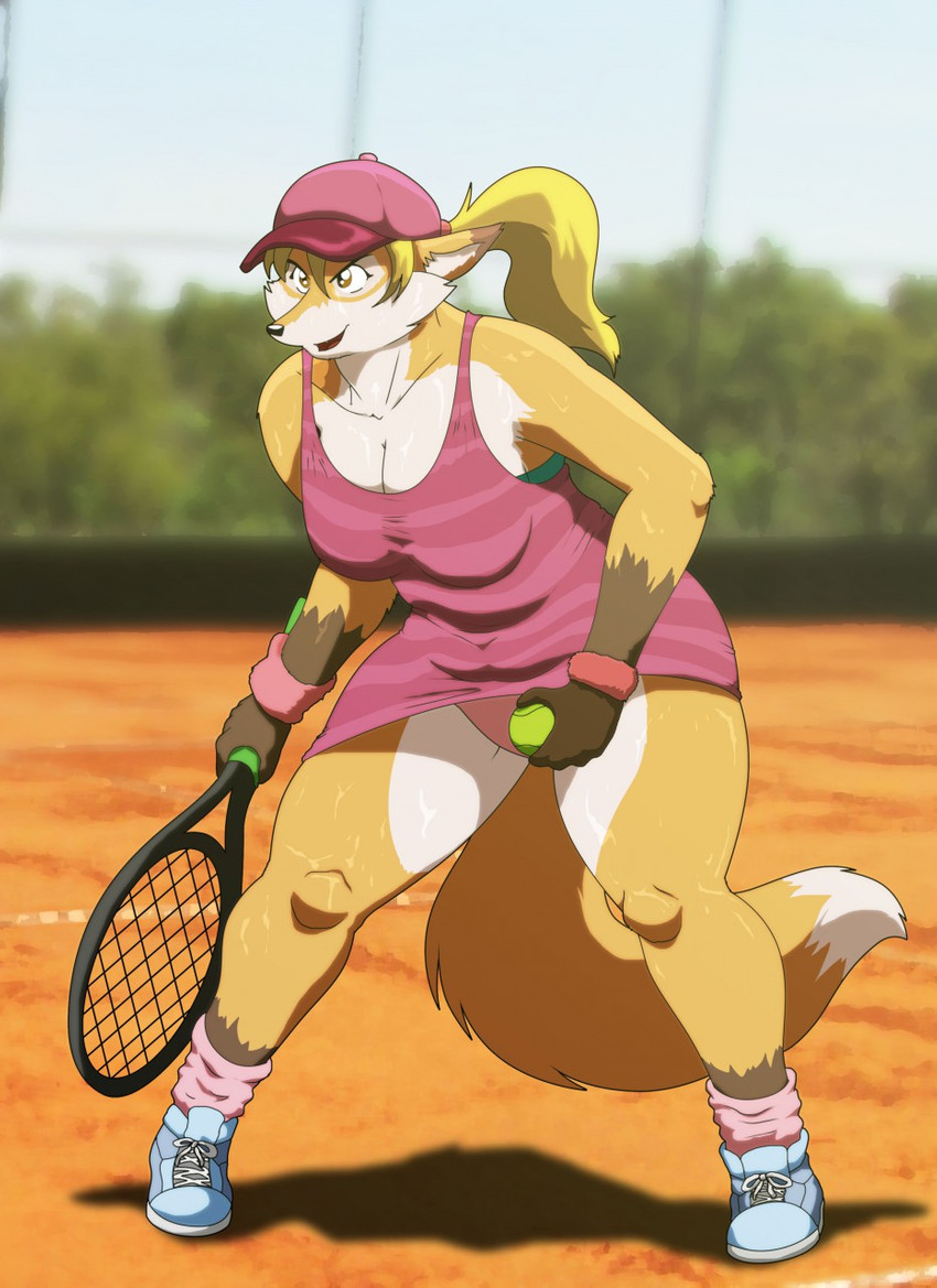 anthro athletic athletic_anthro athletic_female ball blonde_hair bodily_fluids breasts cleavage clothed clothing clothing_lift dress dress_lift female footwear fur hair hat headgear headwear holding_ball holding_object holding_racket long_hair multicolored_body multicolored_fur navel open_mouth orange_body orange_fur panties shoes sneakers solo sport sweat tennis tennis_ball tennis_court tennis_racket two_tone_body two_tone_fur underwear white_body white_fur wristband xxsparcoxx michelle_(xxsparcoxx) canid canine fox mammal 2015 hi_res