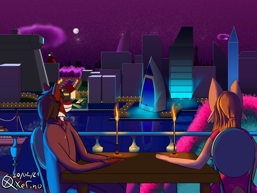 anthro blue_light boat building candle city_lights clothed clothing cloud dinner duo female fire firelight male male/female moon night party pink_light plant romantic romantic_ambiance romantic_couple romantic_dinner sky star starry_sky tree vehicle waiting water watercraft xefino adrien_warmher artesian canid canine canis fox hybrid mammal wolf 4:3 absurd_res digital_drawing_(artwork) digital_media_(artwork) hi_res