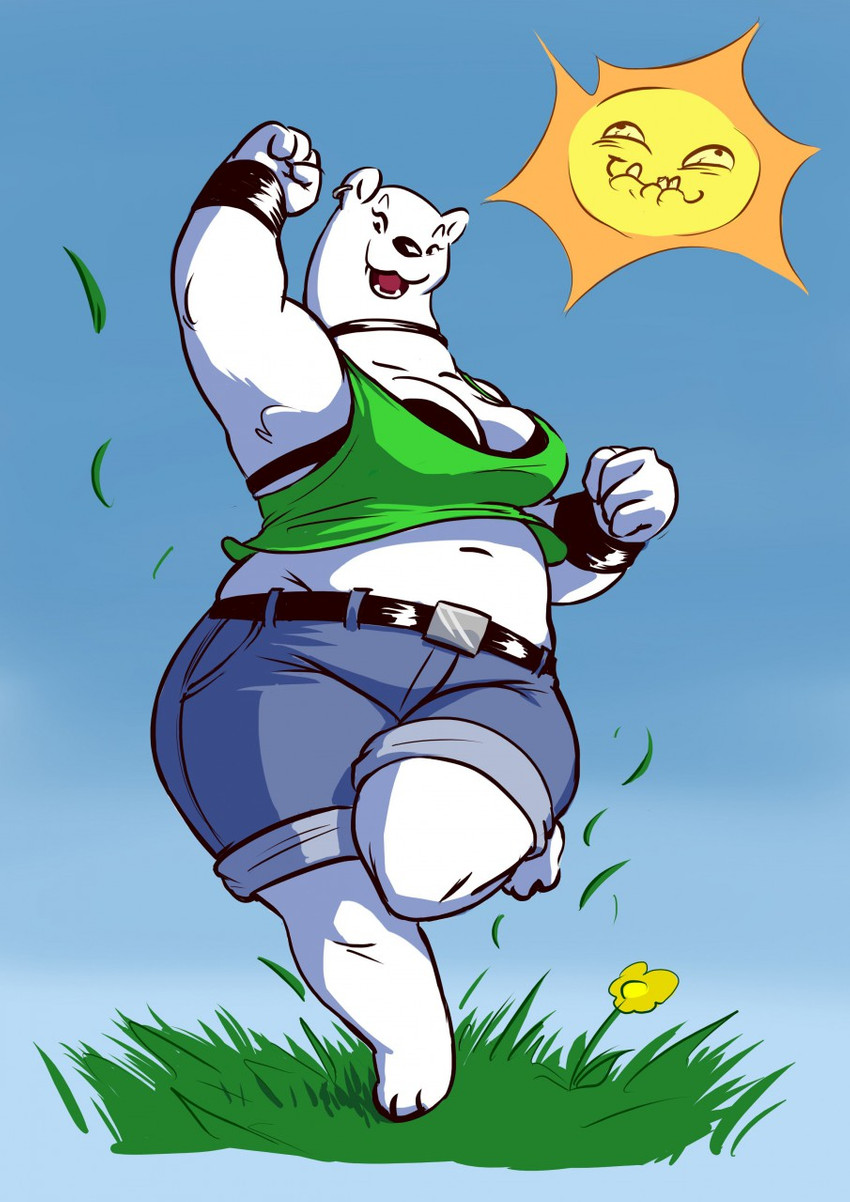 anthro big_breasts breasts cleavage clothed clothing ear_piercing female fur looking_at_viewer outside piercing slightly_chubby smile solo standing sun teeth thick_thighs tongue white_body white_fur wide_hips nibhaaz super_fuck_friends evelyn_(sff) bear felid feline mammal polar_bear ursine 2018 digital_media_(artwork) hi_res trans_(lore) trans_woman_(lore)