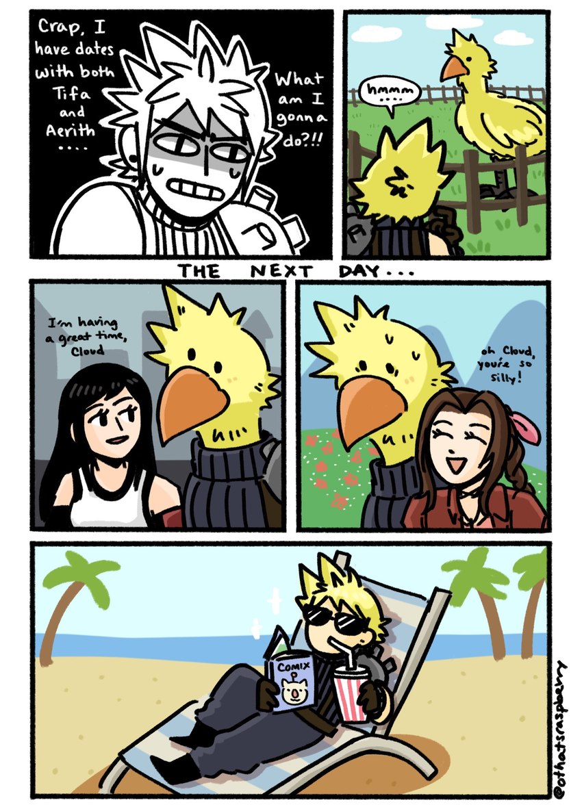 beach beak clothing date dialogue eyewear female feral group humor male smile sunglasses sweater text topwear turtleneck vacation ohthatraspberry final_fantasy final_fantasy_vii square_enix aerith_gainsborough cloud_strife tifa_lockhart avian chocobo human mammal comic english_text hi_res