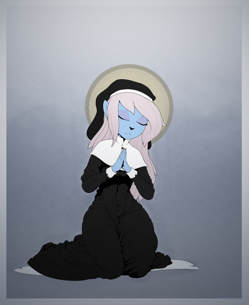 5_fingers anthro black_clothing black_dress black_headwear black_nose blue_body border clothed clothing dress eyes_closed female fingers frown fully_clothed gradient_background grey_background grey_border grey_hair habit hair hands_together headgear headwear humanoid_hands kneeling long_hair long_sleeves nun praying simple_background solo ricksteubens sega sonic_the_hedgehog_(series) sonic_underground tamers12345's_sonic_underground flora_(sonic_underground) absurd_res hi_res