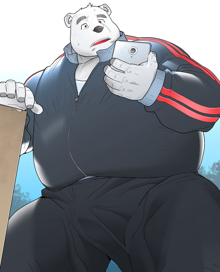 anthro belly black_nose bodily_fluids bottomwear bulge cellphone clothing electronics fur humanoid_hands kemono male outside overweight overweight_anthro overweight_male pants phone shirt smartphone solo sweat topwear white_body white_fur kira_nerisu bear mammal polar_bear ursine 2020 hi_res