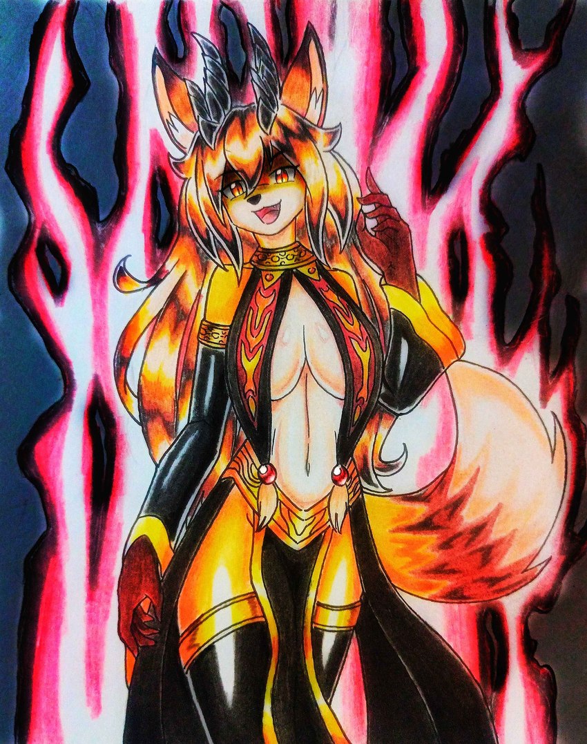 anthro black_body black_fur black_hair breasts clothing dress female fur hair head_fur horn orange_body orange_fur red_eyes solo tail white_body white_fur ideltasarc333 foxxi canid canine fox mammal absurd_res hi_res