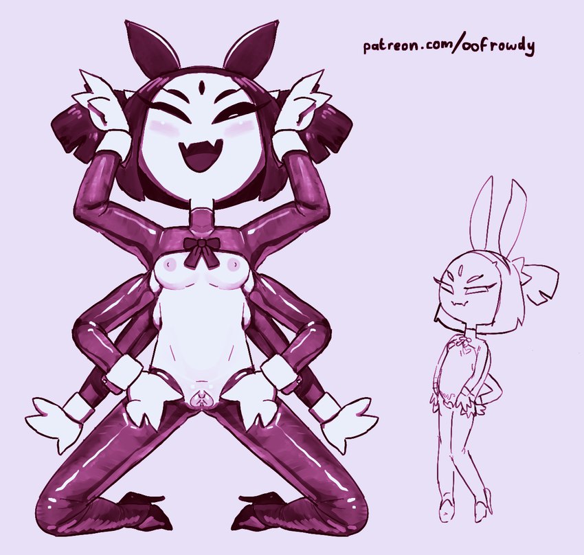 anthro breasts clothing costume female footwear genitals high_heels multi_arm multi_eye multi_limb narrow_hips nipples non-mammal_nipples pasties pussy reverse_bunny_costume shoes simple_background small_breasts solo spread_legs spreading text thin_calves thin_legs thin_thighs oofrowdy undertale undertale_(series) muffet arachnid arthropod spider hi_res url