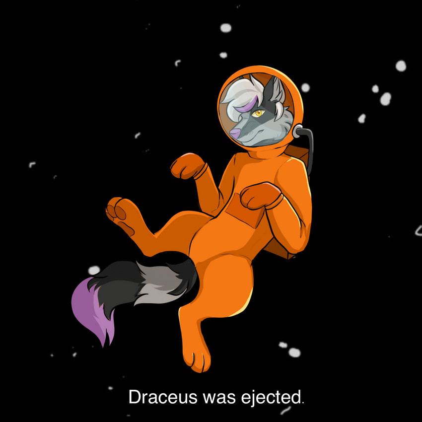 anthro floating fluffy fluffy_tail fur grey_body grey_fur hair highlights_(coloring) male purple_hair snowburn solo space spacesuit tail white_hair yellow_eyes among_us innersloth draceus impostor_(among_us) orange_(among_us) canid canine canis mammal wolf 1:1 hi_res