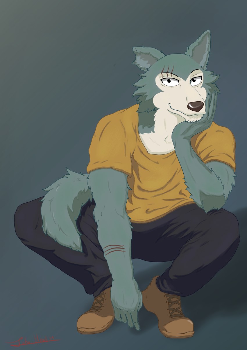 anthro arm_scar blue_body blue_fur boots brown_nose clothing facial_scar fluffy fluffy_tail footwear fur green_body green_fur hand_on_face male pointy_ears scar shirt shoes sitting solo t-shirt tail topwear yellow_clothing yellow_shirt yellow_topwear john_howl beastars legoshi_(beastars) canid canine canis mammal wolf absurd_res hi_res shaded