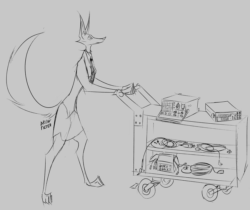 anthro bottomwear cart clothed clothing electronics female fully_clothed grey_background necktie office_lady paws power_supply shirt simple_background skirt solo tail topwear brewfilter 15_(brewfilter) canid canine fox grey_fox mammal urocyon 2024 digital_drawing_(artwork) digital_media_(artwork) hi_res monochrome sketch