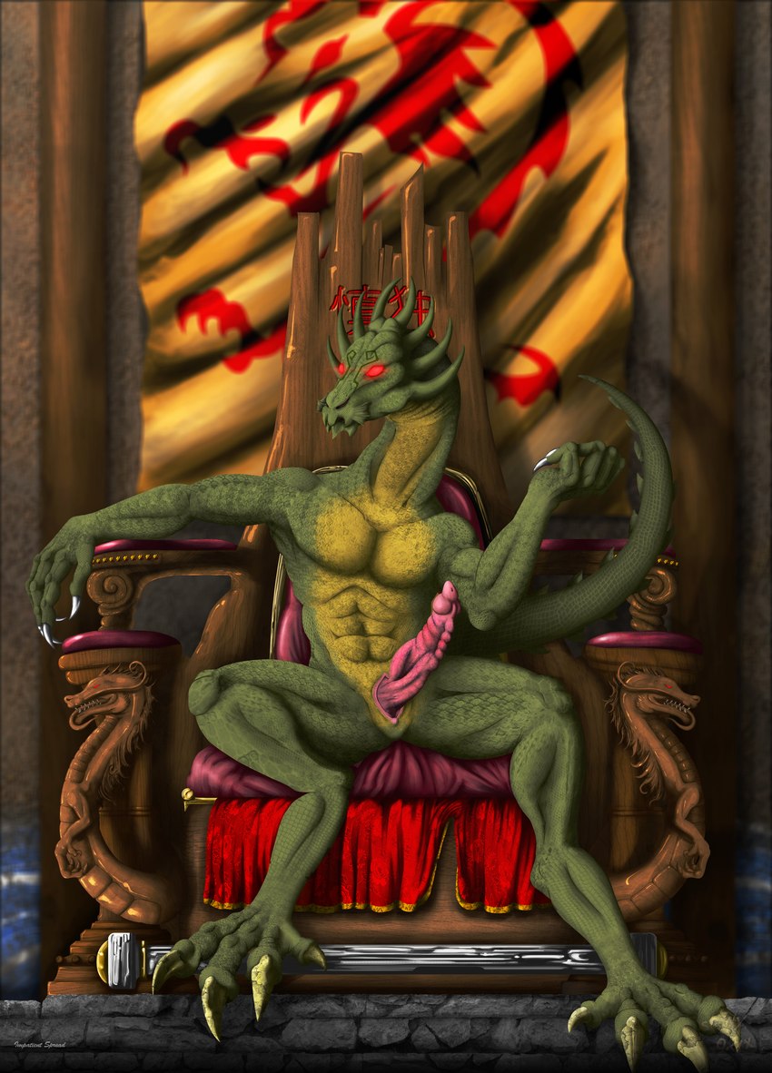 abs anthro biceps chair erection furniture genitals horn male muscular nude pecs penis presenting presenting_penis red_eyes sitting solo spread_legs spreading tail text throne smexyoryx jackie_chan_adventures mythology shendu demon dragon mythological_creature mythological_scalie scalie 2022 absurd_res english_text hi_res