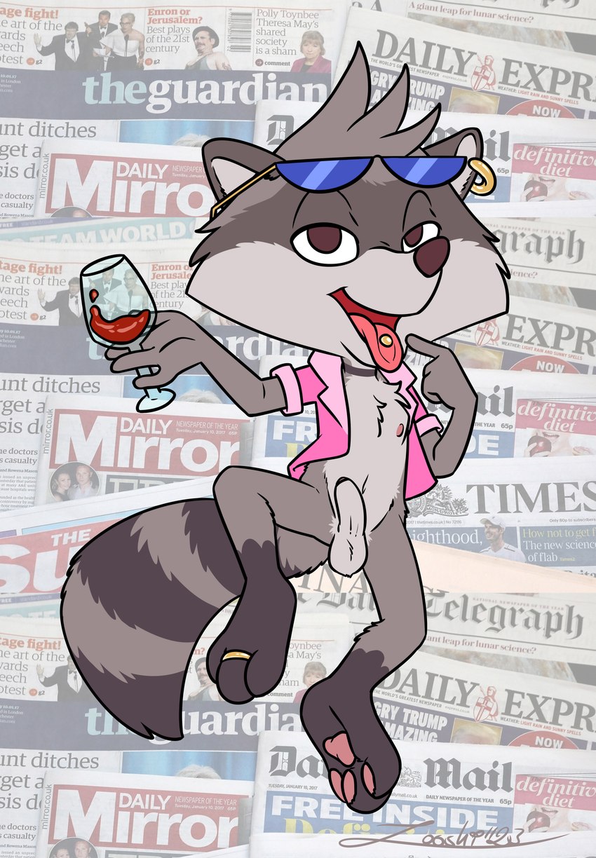 anthro balls clothing container cup digit_ring drinking_glass erection eyewear feet flamboyant foreskin genitals glass glass_container glass_cup jewelry male pawpads paws penis piercing ring shirt solo sunglasses toe_ring toes topwear wine_glass zooshi tiny_toon_adventures tiny_toons_looniversity warner_brothers renaldo_raccoon mammal procyonid raccoon 2023 absurd_res hi_res