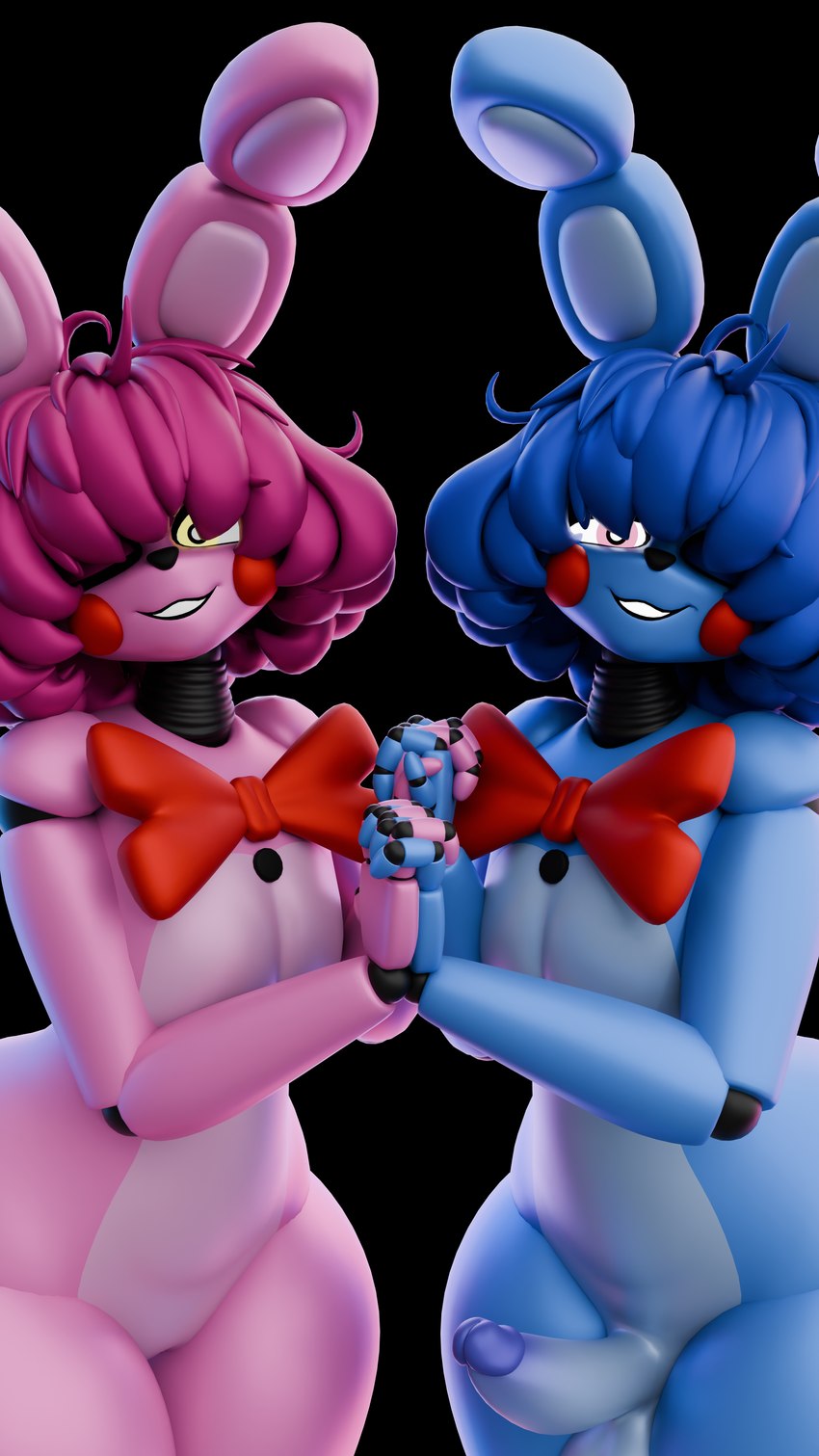 blue_body blue_hair bob_cut bow_tie duo female flat_chested genitals hair hair_over_eye hand_holding humanoid_genitalia humanoid_penis interlocked_fingers machine male penis pink_body pink_hair red_bow_tie simple_background smile smiling_at_viewer thick_thighs transparent_background wide_hips jordevoir_(artist) five_nights_at_freddy's scottgames sister_location bonnet_(fnafsl) puppet_bonnie_(fnafsl) animatronic lagomorph leporid mammal rabbit robot robot_anthro 3d_(artwork) 9:16 absurd_res alpha_channel blender_(artwork) digital_media_(artwork) hi_res huge_filesize sibling_(lore) twins_(lore)