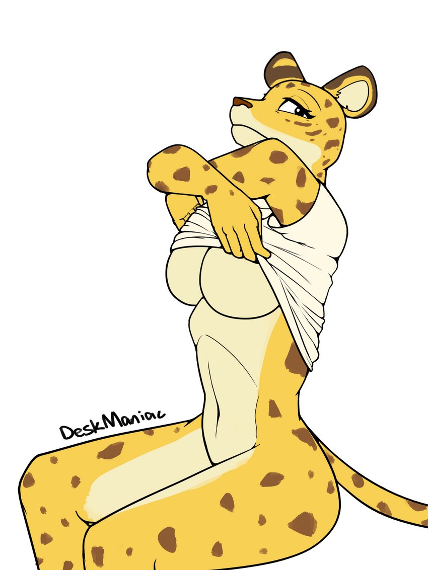 5_fingers anthro bottomless bottomless_anthro bottomless_female breasts brown_nose brown_spots clothed clothing female fingers fur humanoid_hands markings navel shirt sitting solo spots spotted_body spotted_fur topwear undressing yellow_body yellow_fur deskmaniac beastars sheila_(beastars) cheetah felid feline mammal 2023 3:4 hi_res signature