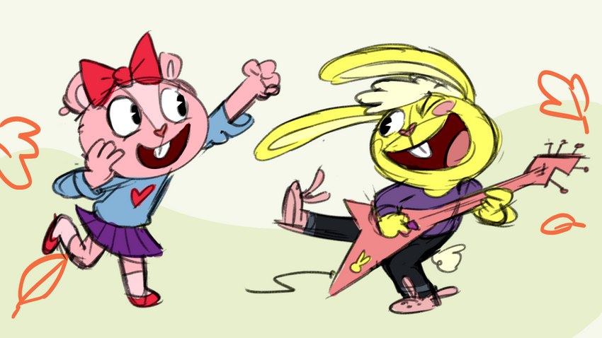 anthro blush bow_tie clothing duo electric_guitar guitar musical_instrument pink_body plucked_string_instrument red_bow_tie simple_background string_instrument yellow_body doeiika happy_tree_friends cuddles_(htf) giggles_(htf) chipmunk ground_squirrel mammal rodent sciurid 16:9 widescreen