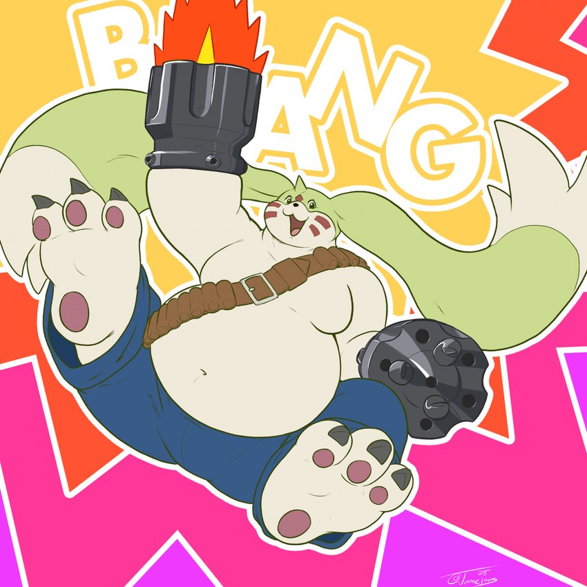 ammo_belt anthro belly gun_arm horn long_ears male moobs navel overweight pawpads shirtless shooting shooting_gun smile solo jamejarrs bandai_namco digimon digimon_(species) gargomon 1:1 hi_res