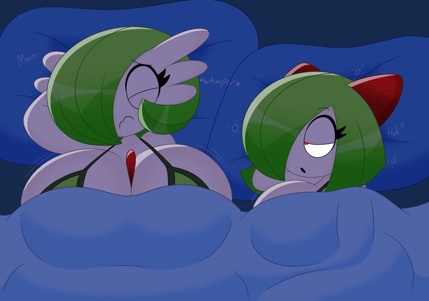 anthro bed bedding big_breasts blanket bra breasts cleavage clothed clothing curvy_figure duo eyelashes eyes_closed female furniture green_bra green_clothing green_hair green_underwear hair hair_over_eye half-closed_eyes huge_breasts lying motion_lines narrowed_eyes on_side pillow red_eyes short_hair thick_thighs topwear under_covers underwear voluptuous voluptuous_female voluptuous_humanoid white_body white_skin wide_hipped_female wide_hipped_humanoid wide_hips 3barts nintendo pokemon mary_(3barts) vanessa_(3barts) gardevoir generation_3_pokemon humanoid kirlia pokemon_(species) 2025 absurd_res hi_res
