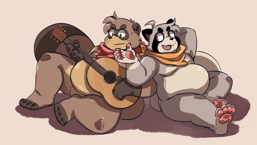 anthro duo fur guitar male male/male musical_instrument overweight pawpads paws plucked_string_instrument slightly_chubby smile string_instrument andythetanuki franpaccio gazpacho andythetanuki_(character) franook canid canine mammal raccoon_dog tanuki 16:9 hi_res widescreen