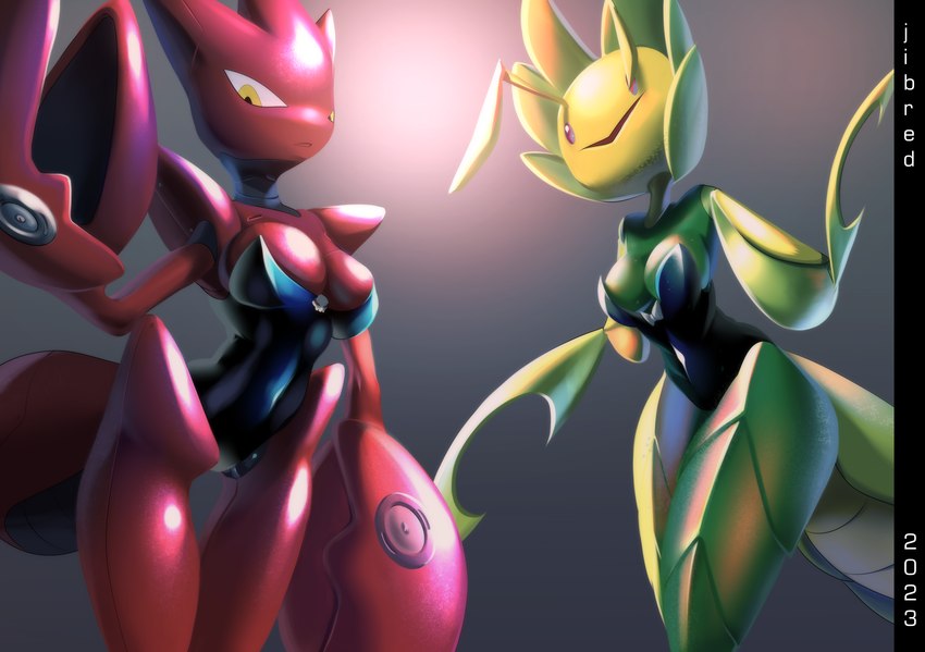 antennae_(anatomy) anthro arthropod_abdomen beady_eyes big_breasts black_clothing black_leotard breasts cleavage clothed clothing duo female green_body grey_background leotard navel_outline pincers red_body red_eyes simple_background small_breasts smile thick_thighs wide_hips yellow_eyes vgingrb_jibred nintendo pokemon arthropod generation_2_pokemon generation_5_pokemon leavanny pokemon_(species) scizor absurd_res hi_res