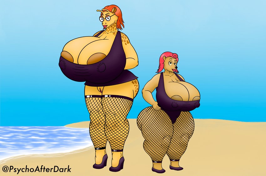 anthro areola areola_slip beach bedroom_eyes big_areola big_breasts big_butt bimbofication bimbofied breasts butt clothed clothing curvy_figure duo erect_nipples eyewear female fishnet_clothing fishnet_leggings fishnet_legwear footwear genitals glasses hair high_heels huge_breasts huge_butt hyper hyper_breasts hyper_butt intelligence_loss leggings legwear lips lipstick looking_at_viewer makeup narrowed_eyes nipple_outline nipples one-piece_swimsuit partially_clothed pink_hair plump_labia puffy_areola puffy_nipples pussy red_hair seaside seductive shoes short_stack simple_background size_difference swimwear tall tight_clothing voluptuous psychoticwalrus camp_lazlo cartoon_network nina_neckerly patsy_smiles giraffe giraffid herpestid mammal mongoose absurd_res hi_res