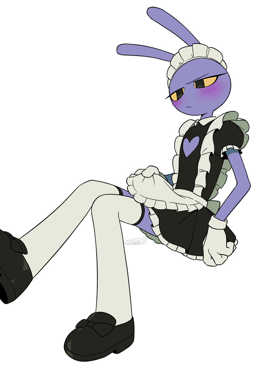 anthro blush blush_lines cleavage_cutout clothing cutout femboy maid_headdress maid_uniform male solo uniform enaic31 glitch_productions the_amazing_digital_circus jax_(tadc) lagomorph leporid mammal rabbit absurd_res hi_res