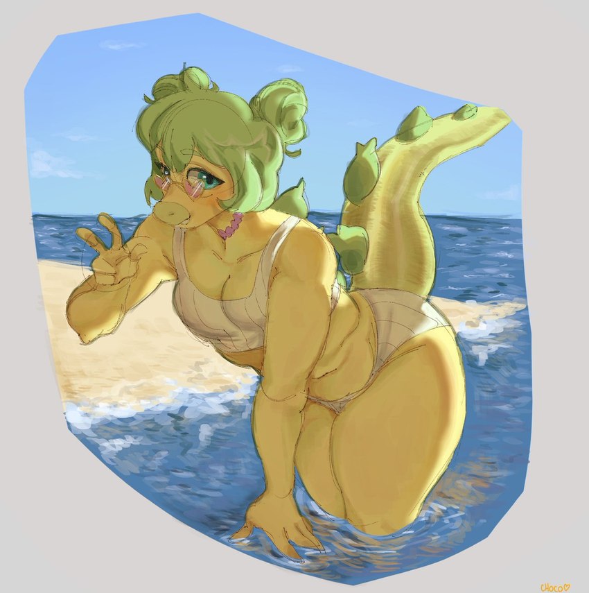 anthro beach bikini blue_eyes choker clothing eyewear female gesture glasses green_hair hair hair_bun hand_gesture heart_glasses jewelry looking_at_viewer necklace slightly_chubby solo spiked_tail spikes spikes_(anatomy) swimwear tail thick_thighs twin_buns two-piece_swimsuit v_sign yellow_body tendocake cavemanon_studios goodbye_volcano_high snoot_game stella_(gvh) dinosaur ornithischian prehistoric_species reptile scalie stegosaurian stegosaurus thyreophoran hi_res