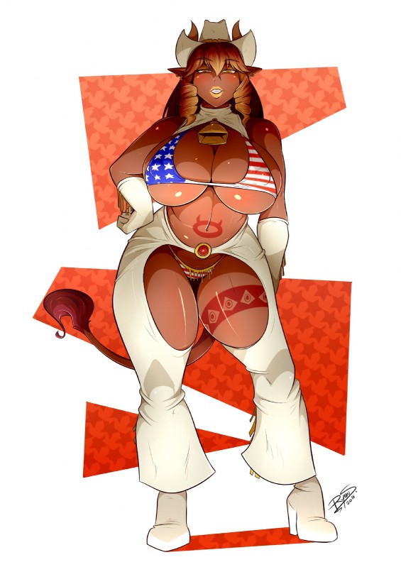 amber_eyes american_flag american_flag_bikini bell big_breasts bikini bikini_cowgirl blonde_hair blush boots breasts brown_hair chaps cleavage clothed clothing cowbell cowboy_hat curvy_figure dark_body dark_skin ear_piercing female flag flag_bikini flag_clothing flag_print flag_swimwear footwear gloves hair handwear hat headgear headwear high_heeled_boots high_heels horn huge_breasts lips makeup multicolored_hair nipple_outline patriotism piercing politics print_bikini print_clothing print_swimwear shoes solo swimwear tassels tattoo thick_thighs two-piece_swimsuit two_tone_hair under_boob united_states_of_america voluptuous wide_hips yellow_lips mrsakai corruption_of_champions european_mythology greek_mythology mythology excellia_(coc) animal_humanoid bovid bovine humanoid mammal minotaur 2016 hi_res