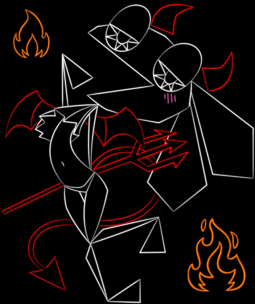 anthro belly black_background blush clothed clothing costume demon_costume demonic_wings ears_down fake_horns fake_tail fake_wings female fire half-closed_eyes imp_tail looking_at_viewer melee_weapon narrowed_eyes open_mouth orange_line_art pentagram_eyes pivoted_ears polearm polygons red_line_art simple_background skimpy smile smiling_at_viewer solo standing thick_thighs thigh_gap thin_calves trident weapon white_line_art wide_hips zinzoa playstation sony_corporation sony_interactive_entertainment vib-ribbon vibri lagomorph leporid mammal rabbit 2023 colored_line_art hi_res restricted_palette