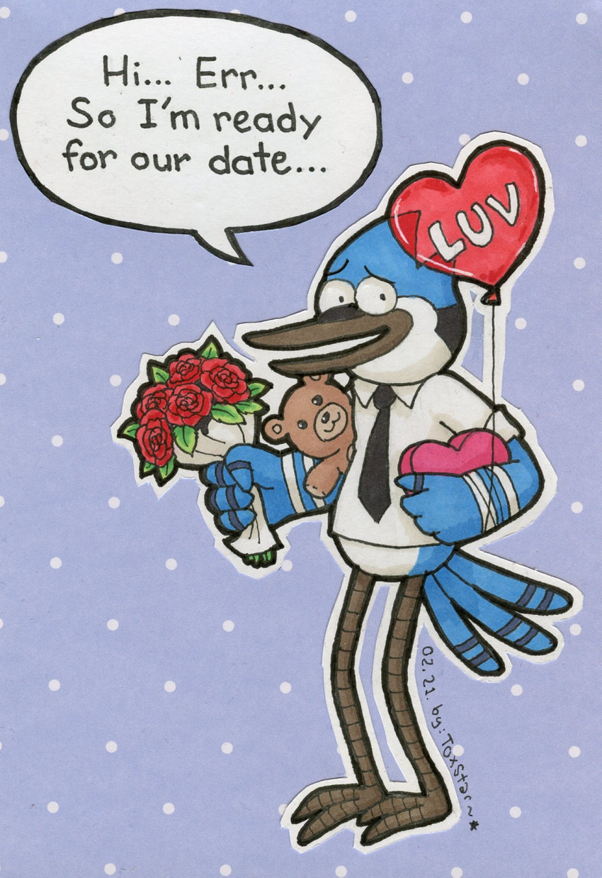 anthro awkward blue_body blue_feathers date feathers holidays male romantic shy solo valentine's_day_card toxstar cartoon_network regular_show valentine's_day mordecai_(regular_show) avian bird blue_jay corvid jay_(bird) new_world_jay oscine passerine hi_res