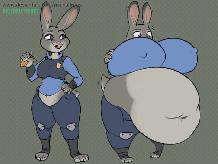 anthro before_and_after belly belly_expansion belly_overhang belly_rolls big_belly big_breasts black_eyebrows blue_bottomwear blue_clothing blue_pants blue_shirt blue_topwear bottomwear breast_expansion breasts buckteeth carrot chubby_cheeks clothed clothing expansion eyebrows fat_rolls female food grey_background grey_ears hand_on_breast hand_on_hip hand_on_own_breast hand_on_own_hip holding_carrot holding_food holding_object holding_vegetable huge_belly huge_breasts hyper hyper_belly hyper_breasts morbidly_obese morbidly_obese_anthro morbidly_obese_female navel nipple_outline obese obese_anthro obese_female open_bottomwear open_clothing open_mouth open_pants open_smile overweight overweight_anthro overweight_female pants pink_inner_ear pink_nose plant police police_uniform purple_eyes red_tongue shirt simple_background smile solo teeth tongue topwear uniform vegetable weight_gain vulpgulps disney zootopia judy_hopps lagomorph leporid mammal rabbit 2021 4:3 absurd_res colored digital_media_(artwork) hi_res