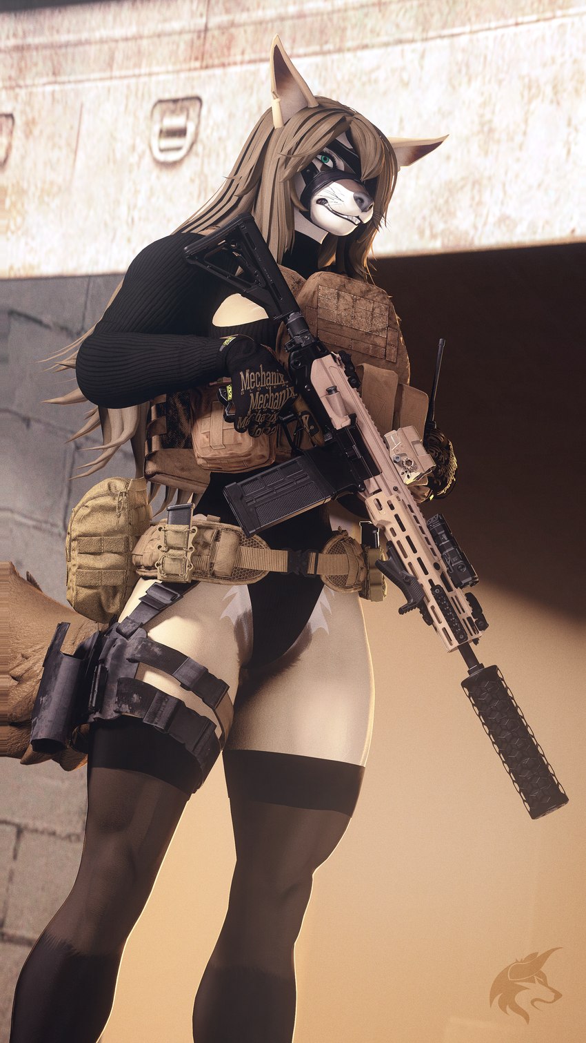 anthro assault_rifle brown_hair bulletproof_vest eye_patch eyewear female green_eyes gun hair muscular muscular_female muscular_legs ranged_weapon rifle solo tactical_gear tactical_gloves weapon ludexus fan_character la_tuerta_(ludexus) canid canine canis coyote mammal 3d_(artwork) 4k 9:16 absurd_res digital_media_(artwork) hi_res source_filmmaker_(artwork)