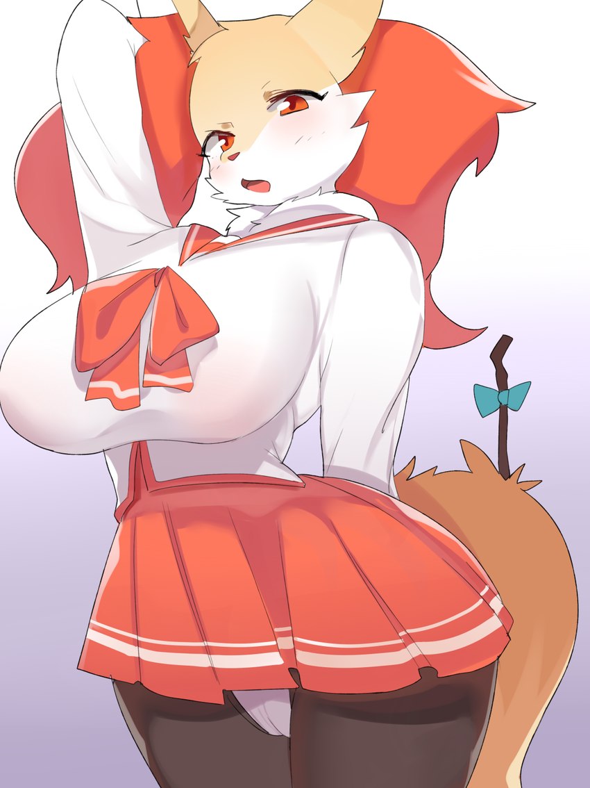 anthro asian_clothing big_breasts black_body black_fur blush bottomwear breasts camel_toe clothed clothing cosplay east_asian_clothing female female_anthro fur furgonomics hand_behind_head huge_breasts inner_ear_fluff japanese_clothing japanese_school_uniform kemono looking_at_viewer open_mouth panties red_eyes red_nose ribbons school_uniform serafuku shirt skirt solo stick stick_in_tail tail tail_through_skirt topwear tuft underwear uniform white_body white_fur yellow_body yellow_fur faeki nintendo pokemon to_heart_2 fan_character kousaka_tamaki seraphine_(roflfox) braixen generation_6_pokemon pokemon_(species) 2021 hi_res portrait three-quarter_portrait